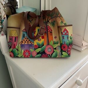 Anuschka Hand-Painted Village Shoulder Bag in Multicolor with Brown Straps